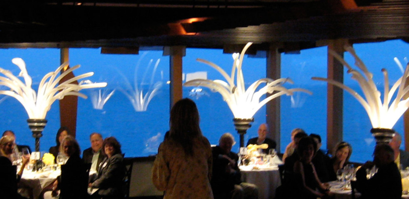 Tall balloon centerpieces that begin narrow at the base. Halfway up, long white modeling balloons extend upwards and outwards.